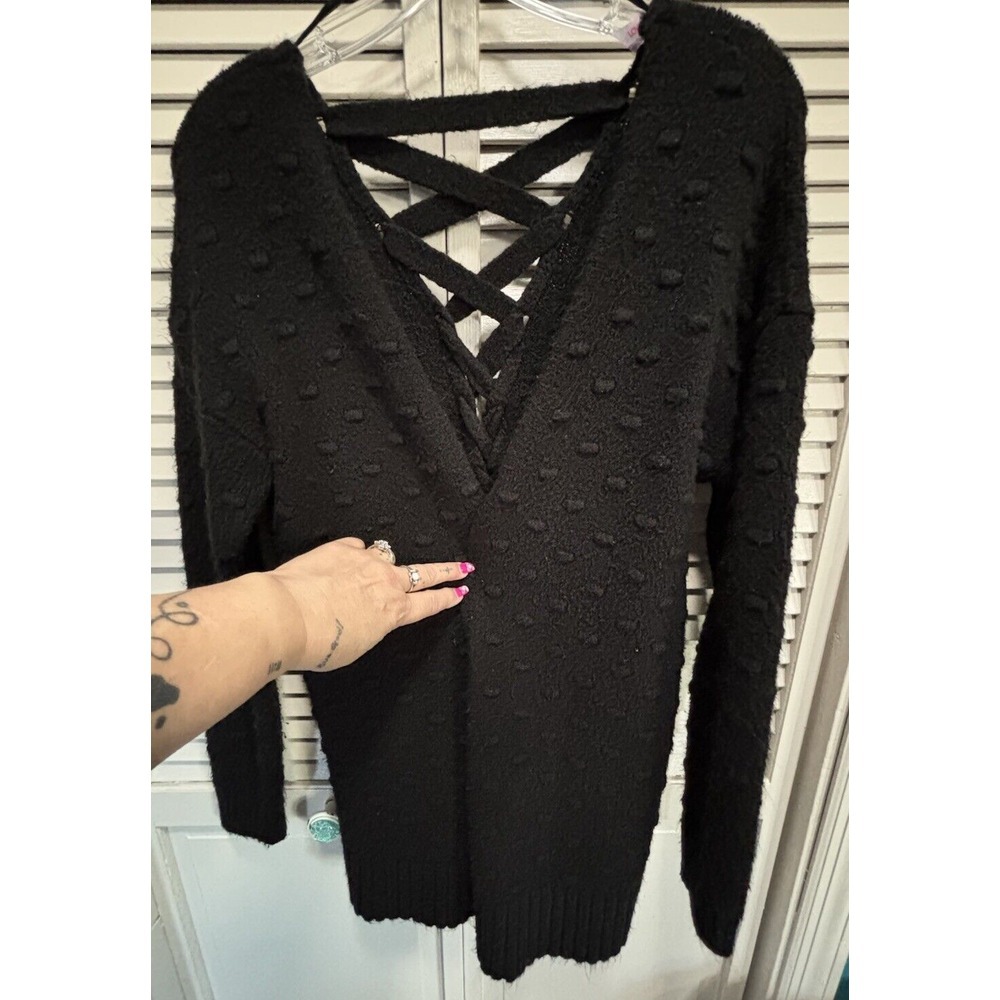 Love By Design Black Fuzzy Soft Open Knit Textured Cardigan Size M Lace Up Back